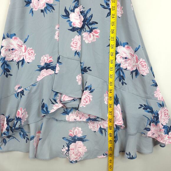 Candies Ruffled Midi Dress Babydoll Lined High Low Women S Gray Pink Floral - Picture 4 of 14